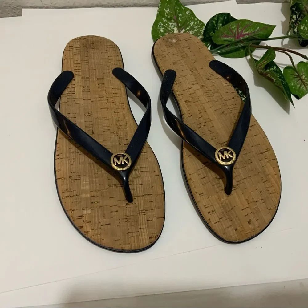 Michael Kors Cork Sandals MK Logo Navy PVC Thong Jet Set Flip Flops Sz. 10